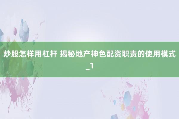 炒股怎样用杠杆 揭秘地产神色配资职责的使用模式_1